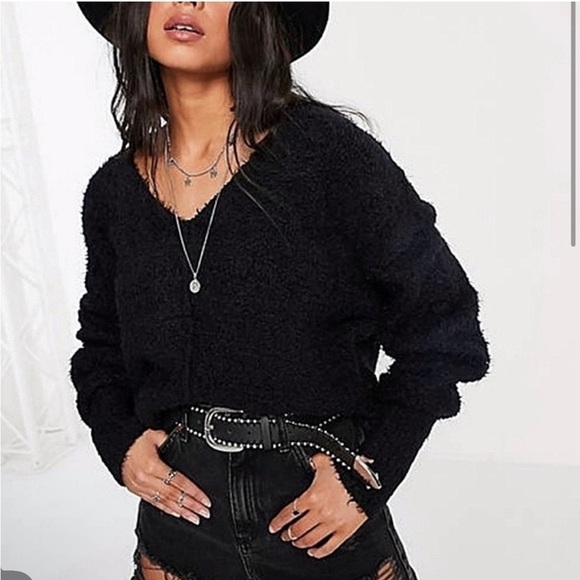 Free People Icing V neck Pull over sweater eyelash solid size small knit chunky - Picture 2 of 13